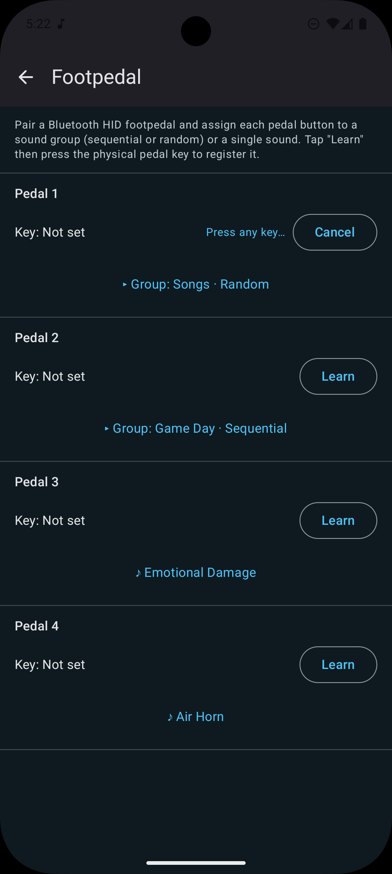 Bluetooth footpedal mapping settings
