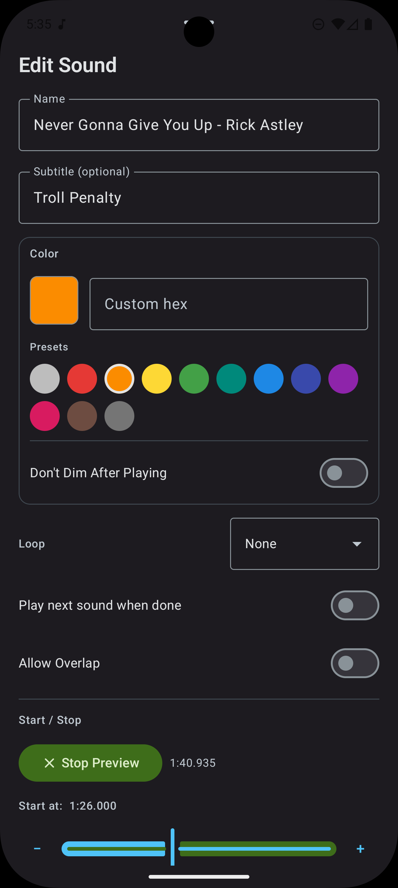 Sound edit screen showing color picker and trim controls