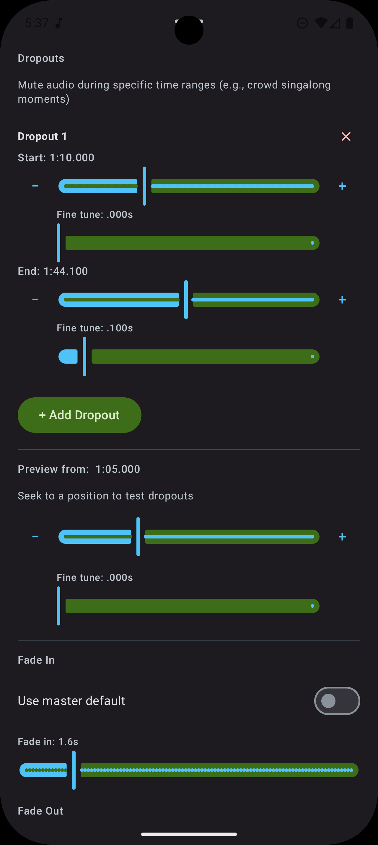 Dropout editor with fine-tune sliders