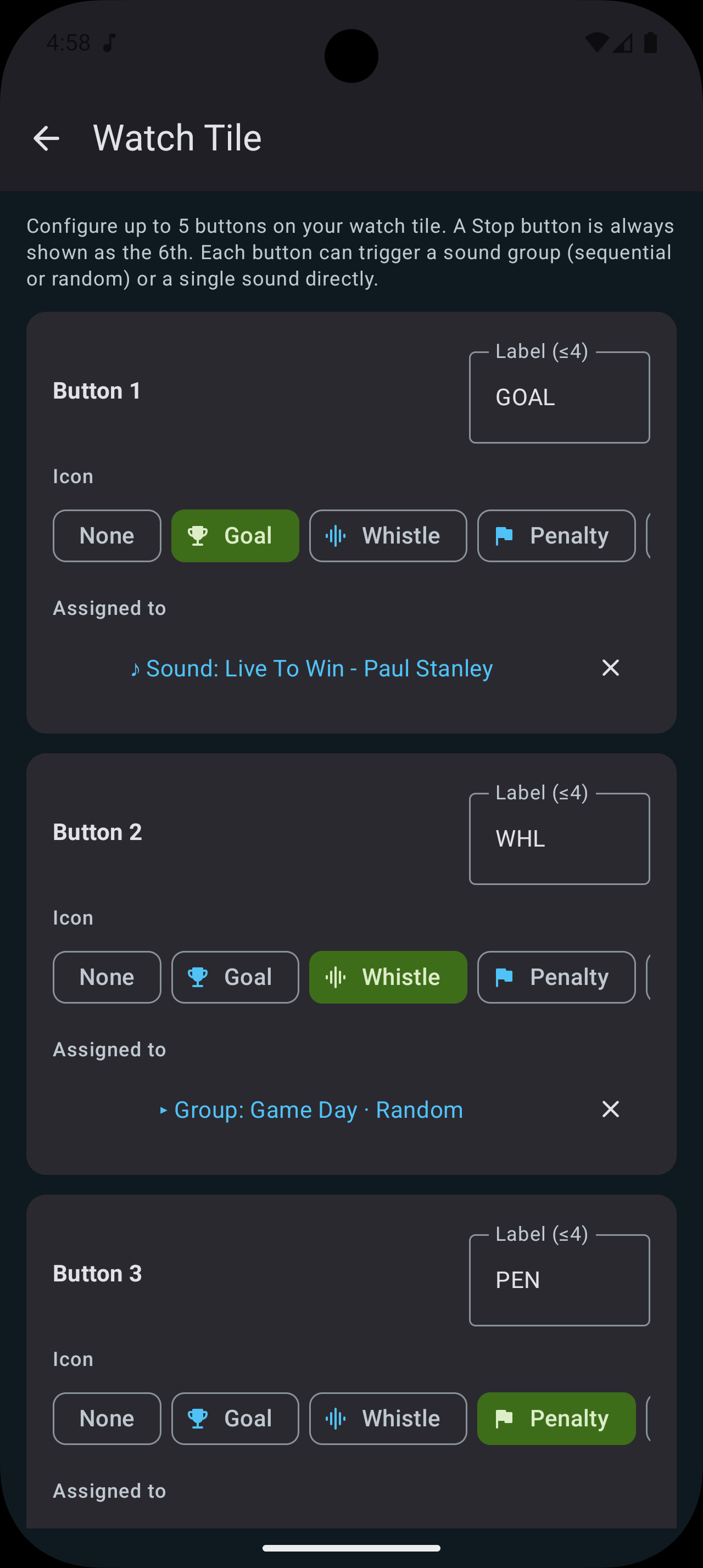 Watch tile configuration screen