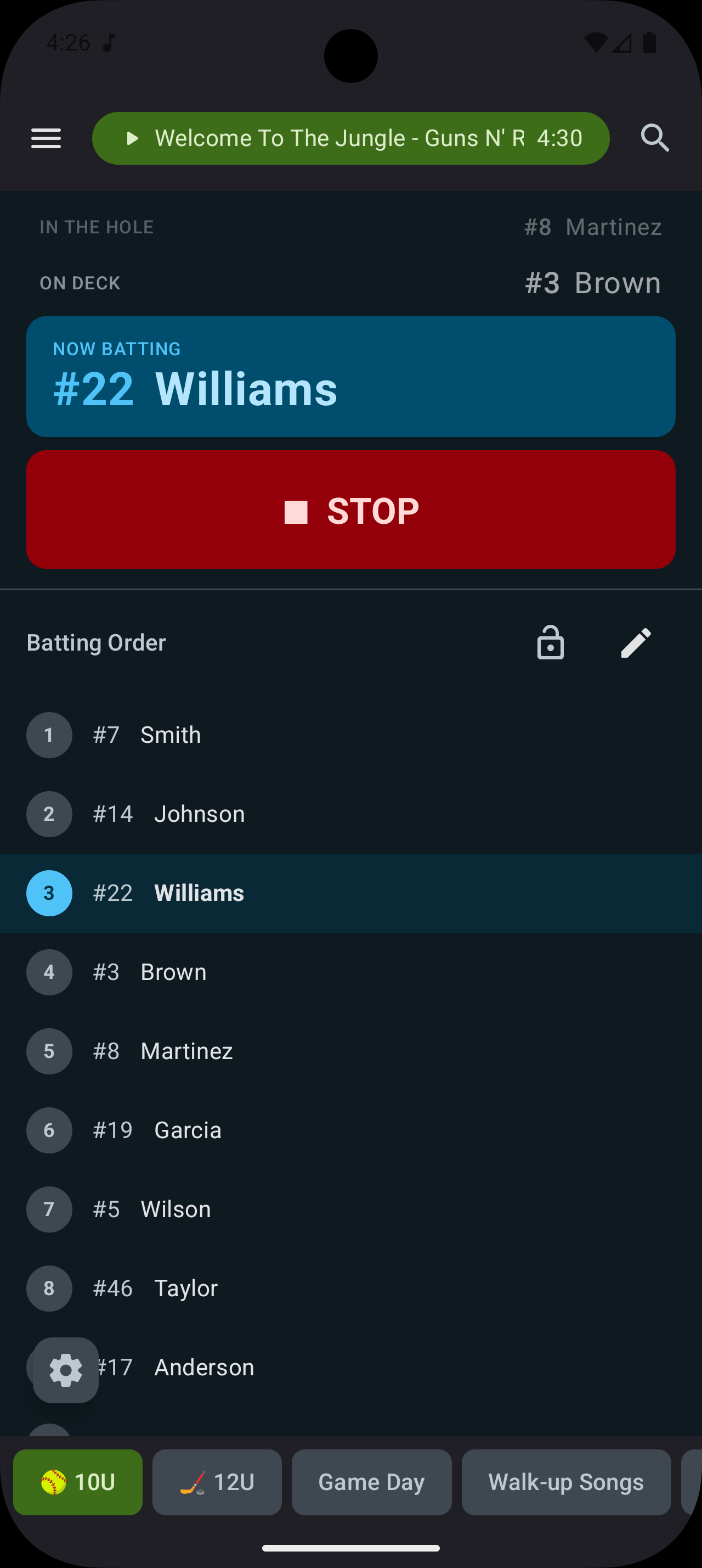 Softball batting order panel