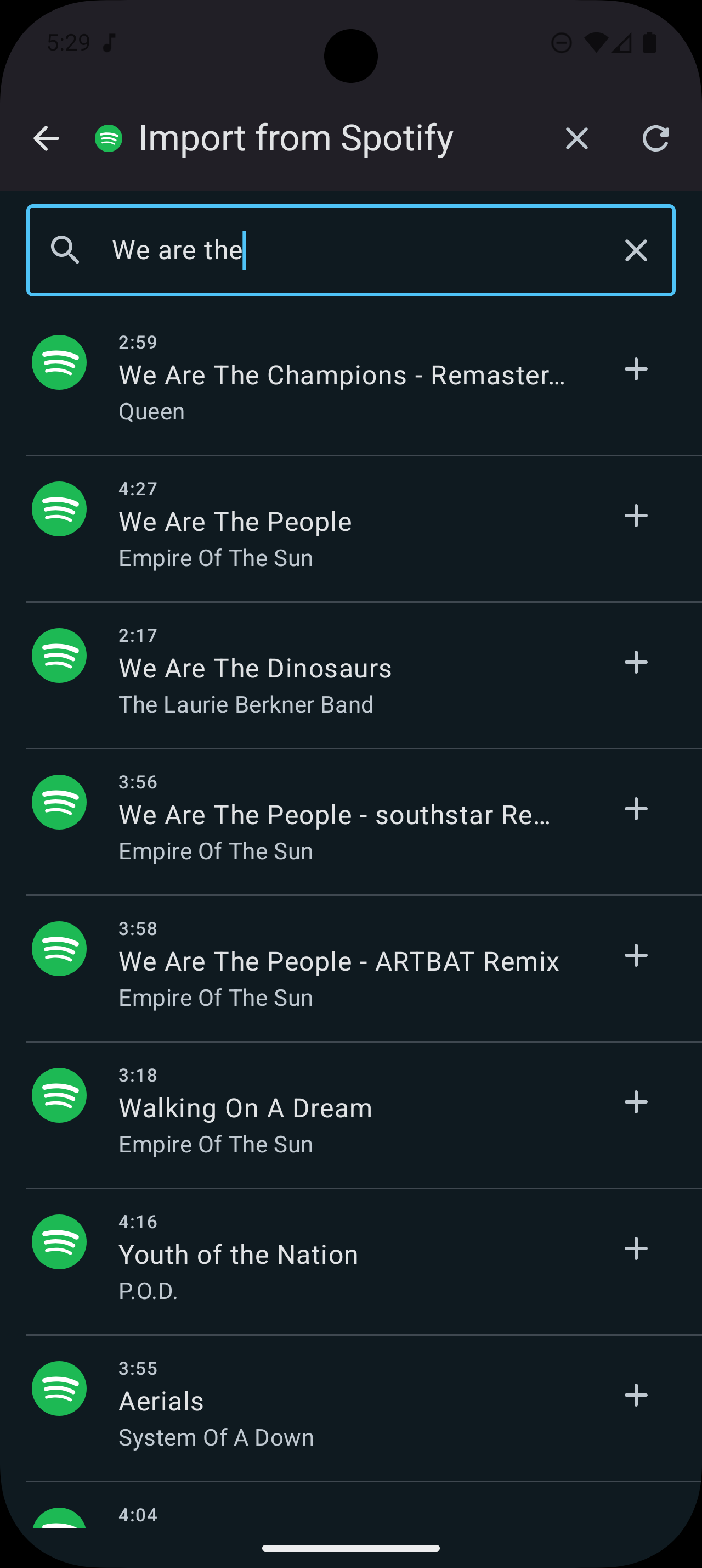 Import from Spotify search screen