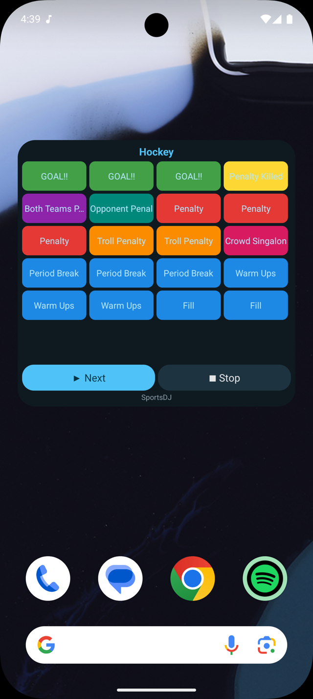 SportsDJ home screen widget showing sound grid